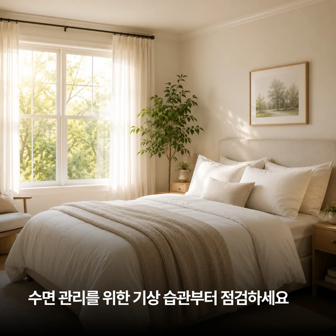 기상 시각 고정과 밤의 조명 관리 등 수면 위생 항목을 보여 주는 이미지