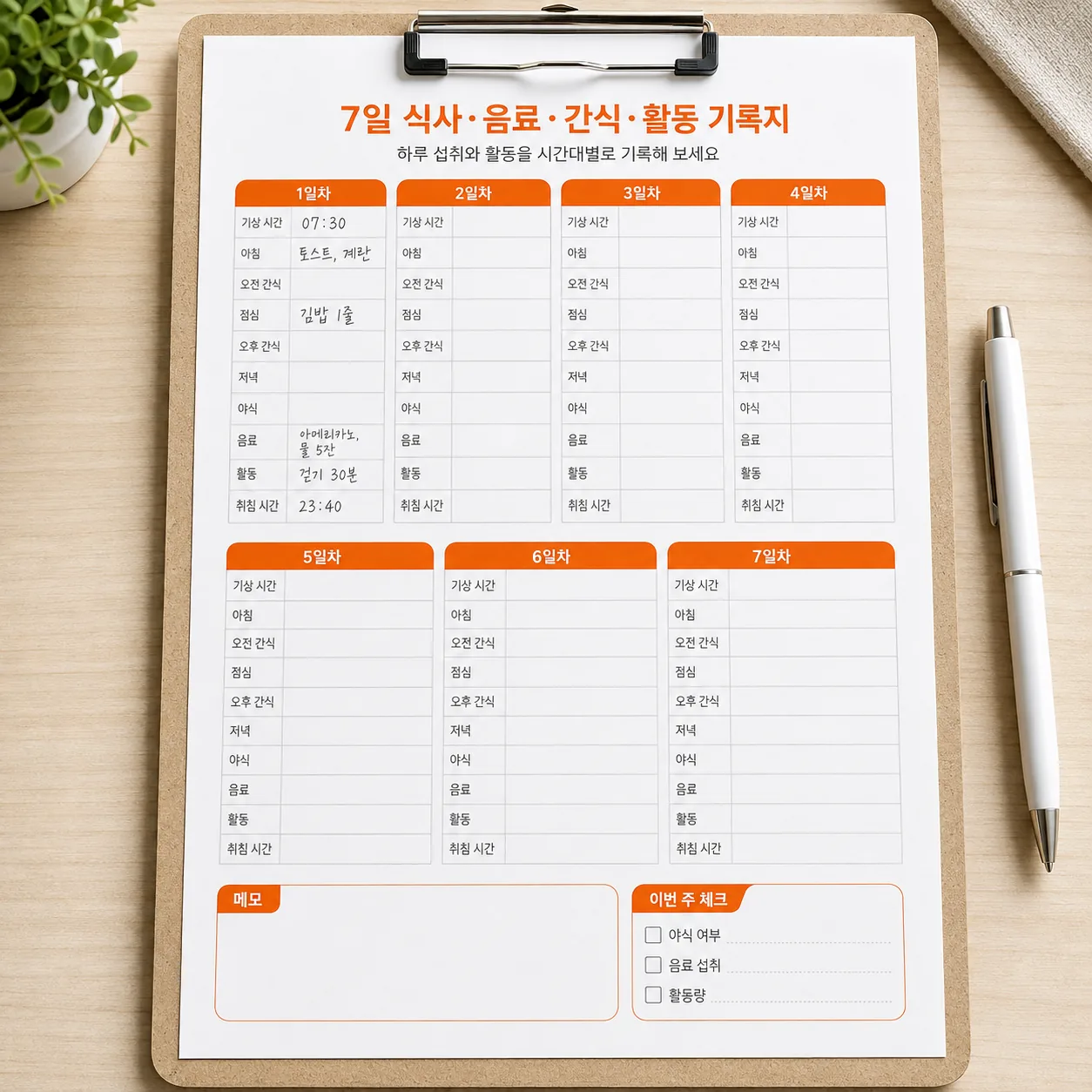 식사와 활동 7일 기록지 예시 양식