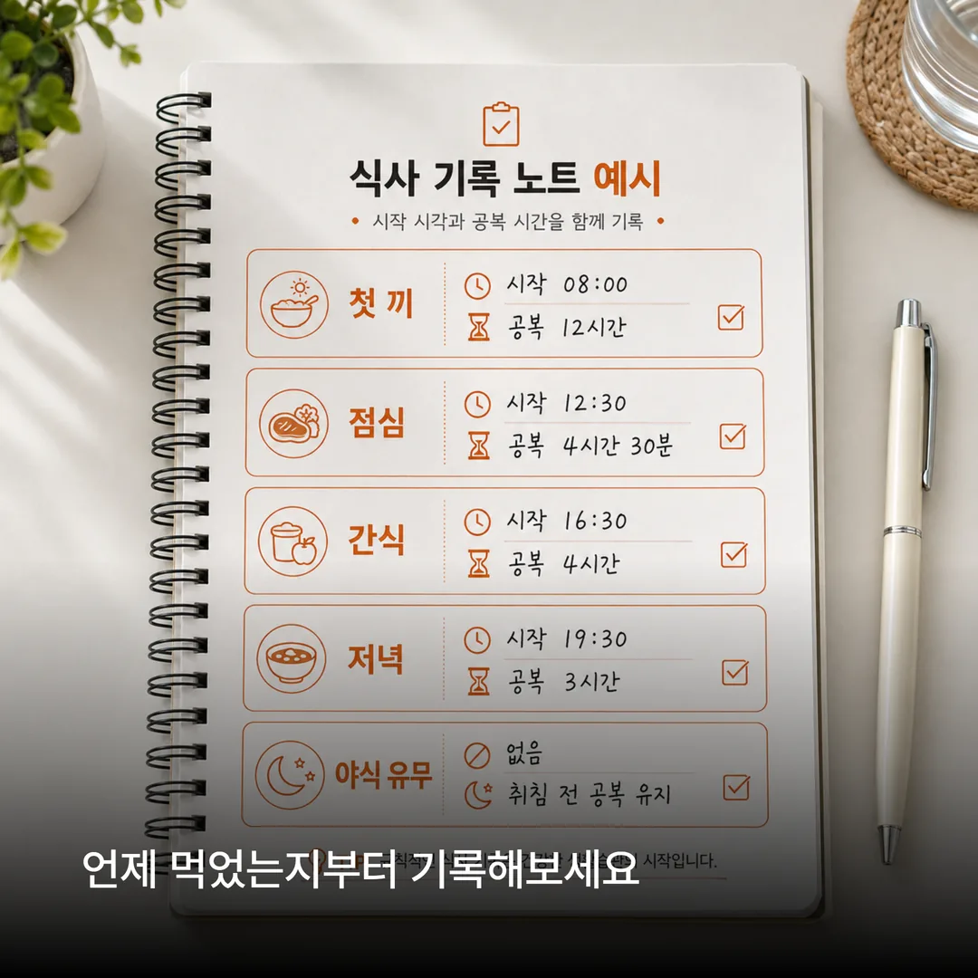폭식 기록 방법 예시 - 시작 시각과 공복 시간을 적은 기록 노트
