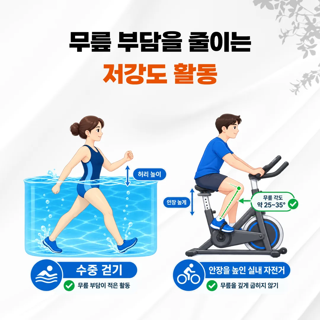 수중 걷기와 안장을 높인 실내 자전거 등 무릎 부담이 적은 활동 예시