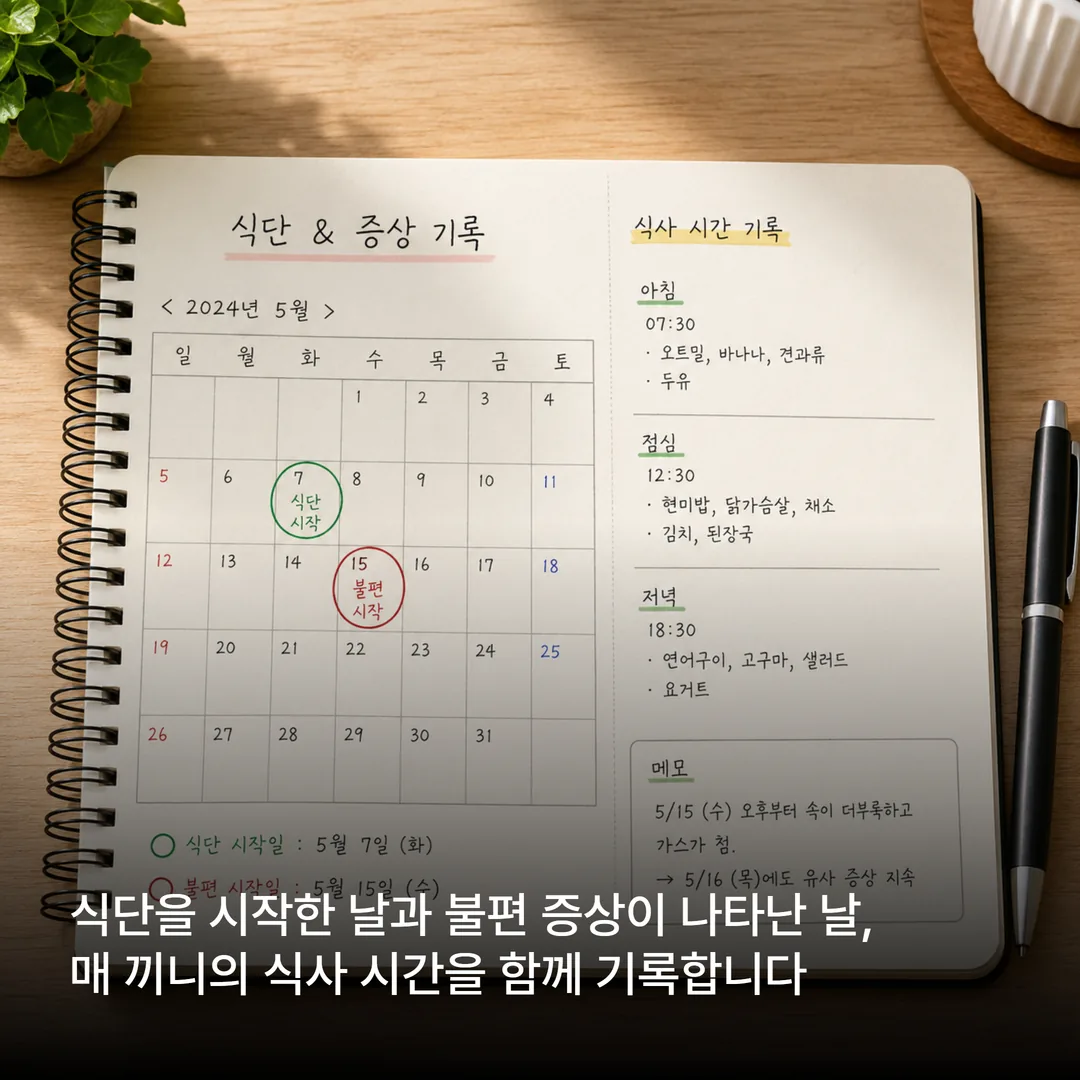 식단 시작일과 증상 발생일을 적어 둔 기록