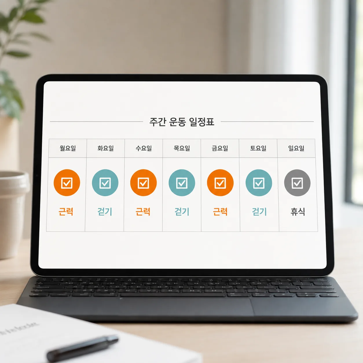 유산소와 근력을 요일로 나눠 배분한 주간 운동 일정표