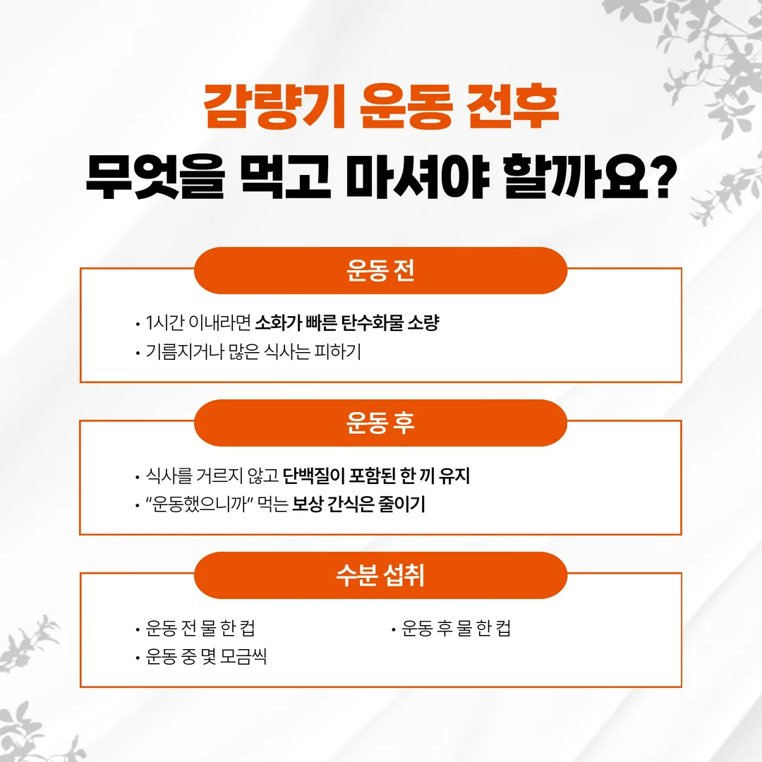 운동 전후에 준비해 두는 수분과 간단한 탄수화물, 단백질 식사