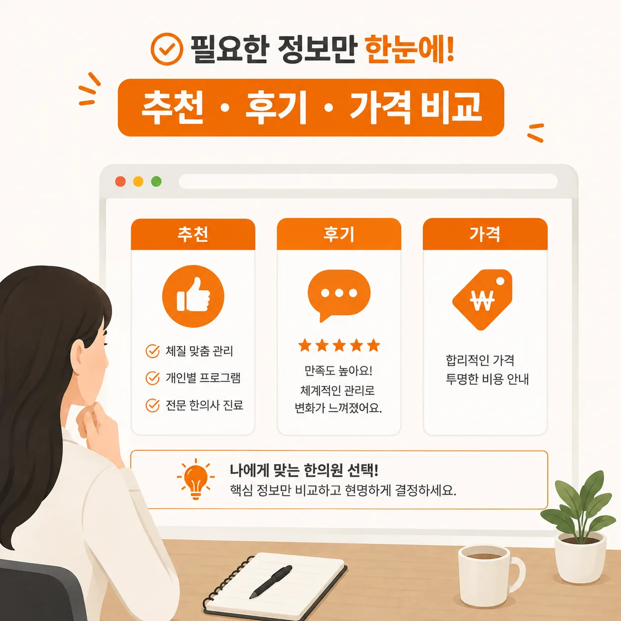 은평구 다이어트 한의원 검색 결과를 비교하며 판단 기준을 정리하는 이미지