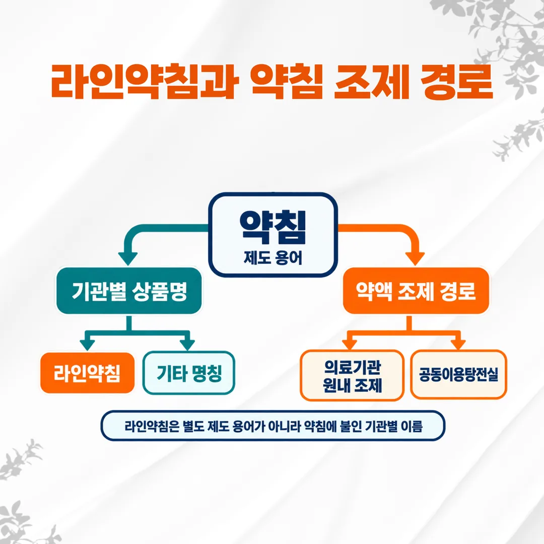 약침이라는 제도 용어와 기관별 상품명, 약액 조제 경로 두 갈래를 정리한 개념도