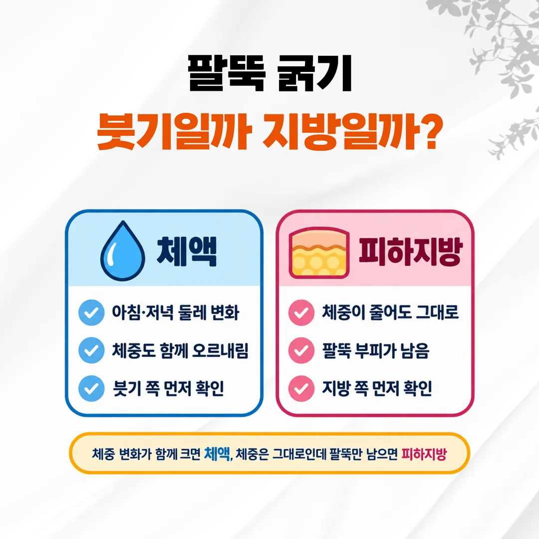 팔뚝 굵기를 체액과 피하지방 두 갈래로 나눈 개념도