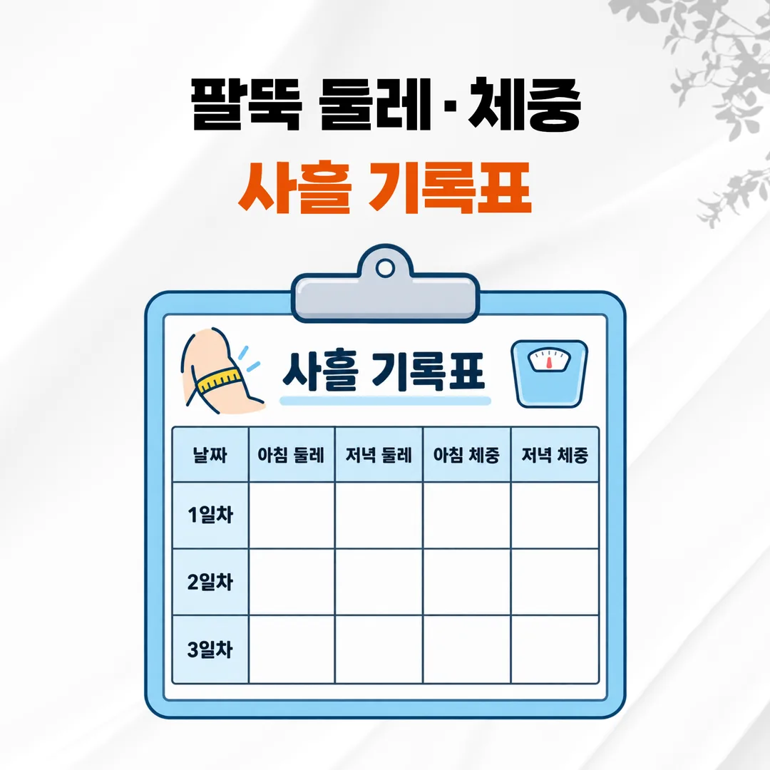 아침저녁 팔뚝 둘레와 체중을 사흘간 적는 기록표 양식