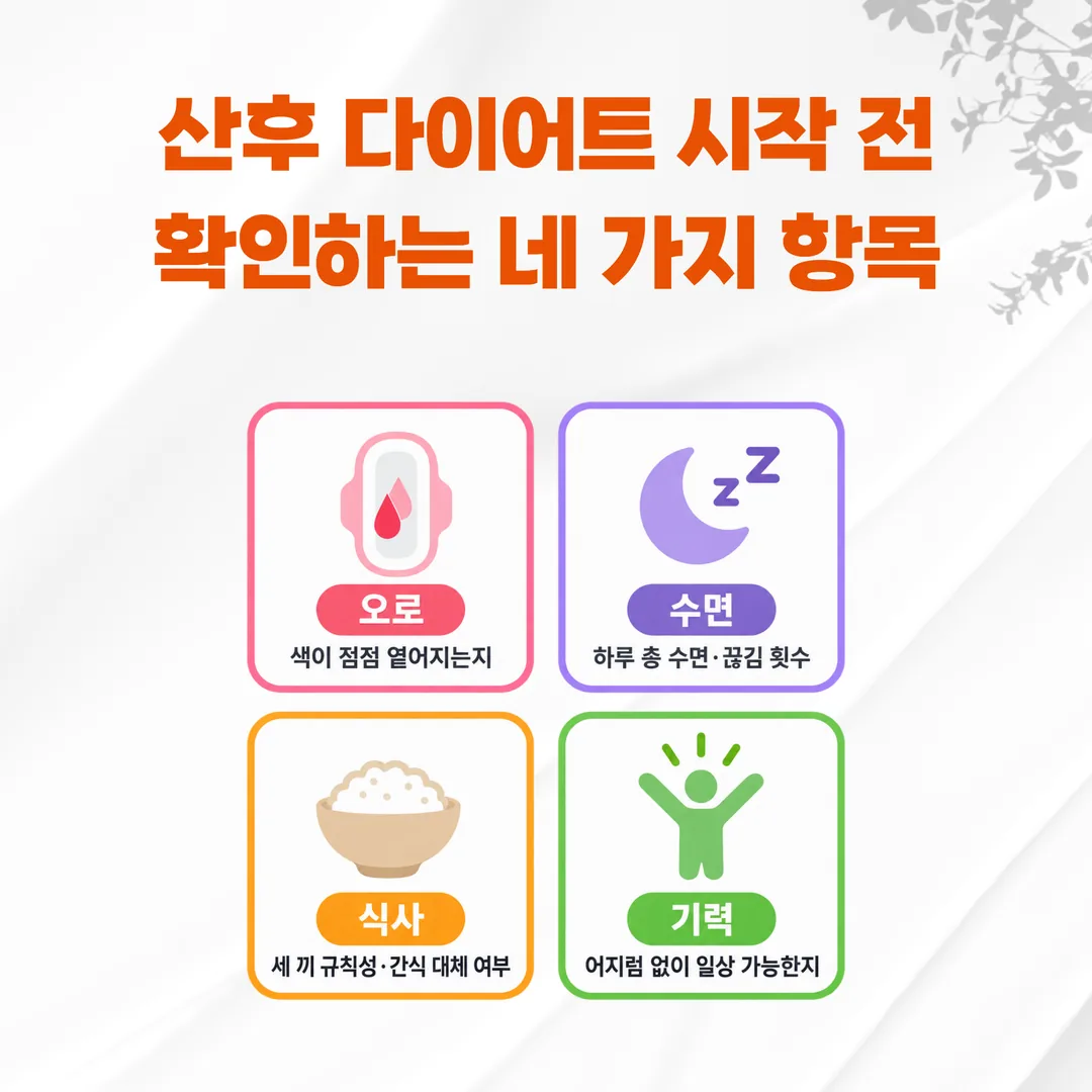 산후 다이어트 시작 전 확인하는 네 가지 항목 도식