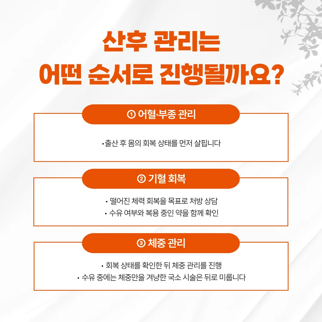 산후 관리 3단계 흐름도와 체중 관리의 위치