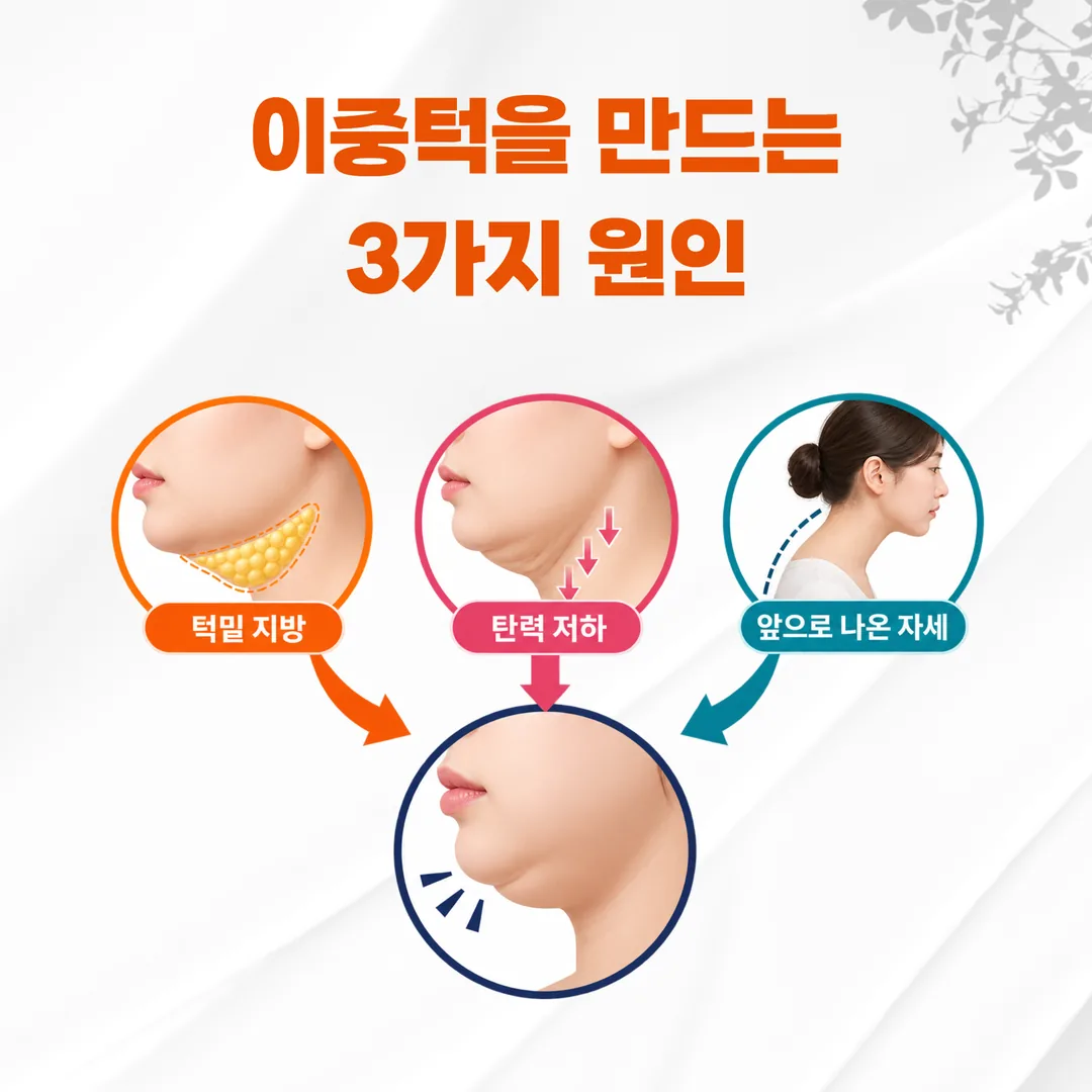 턱밑 지방·탄력 저하·앞으로 나온 자세가 이중턱으로 모이는 관계 개념도